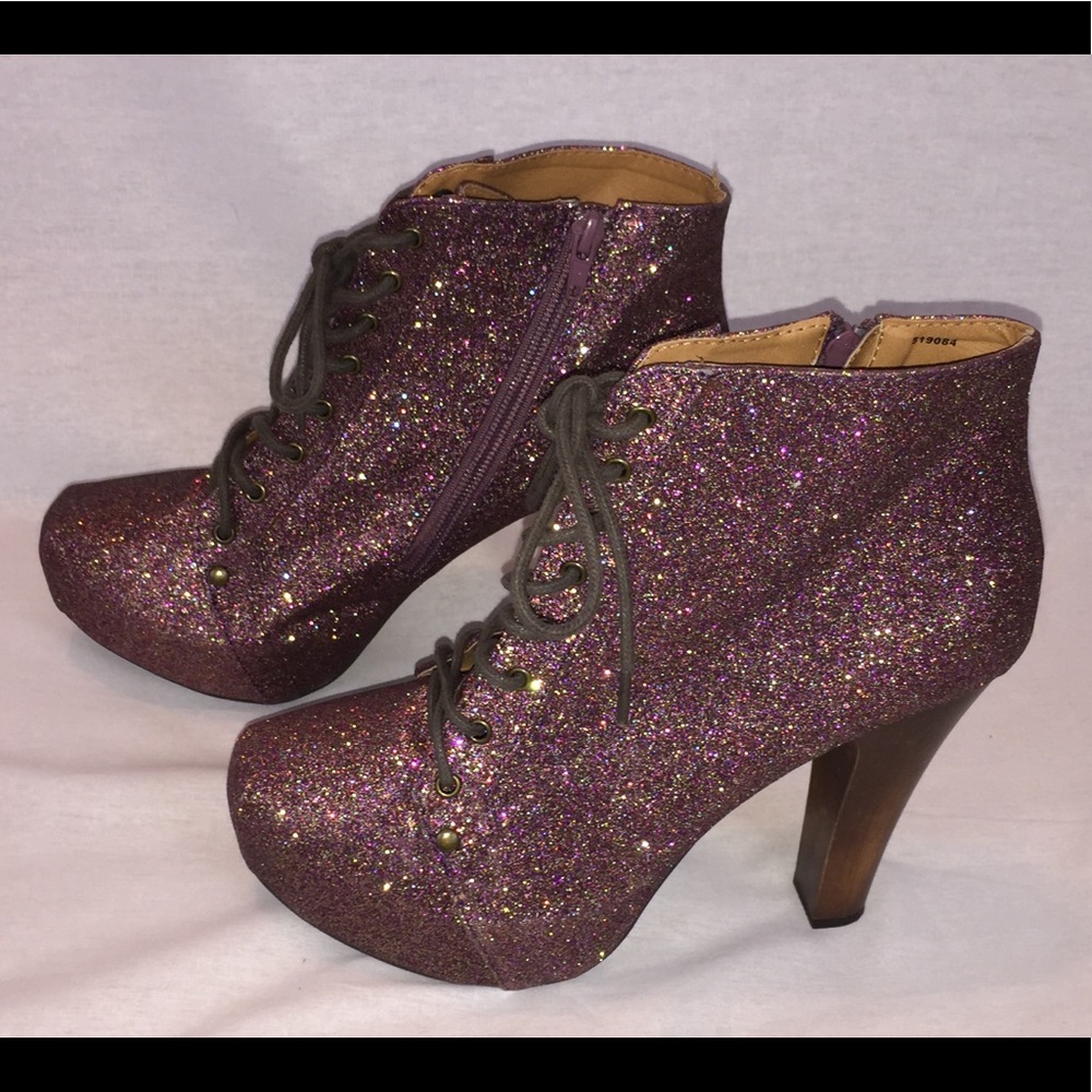 Glitzy/Glitter, Lace up, wood style heel